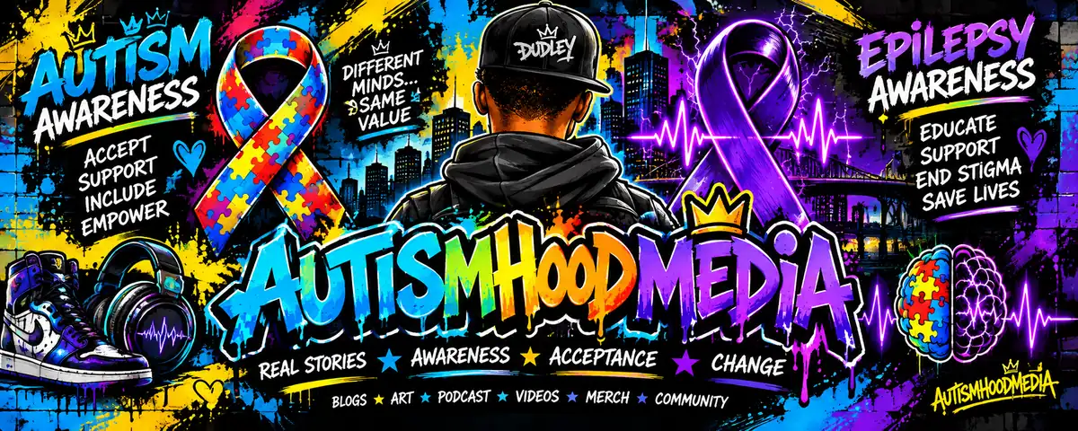 Autismhoodmedia: graffiti banner with autism and epilepsy awareness ribbons, a figure in a Dudley cap facing a city skyline, and the words Real Stories, Awareness, Acceptance, Change