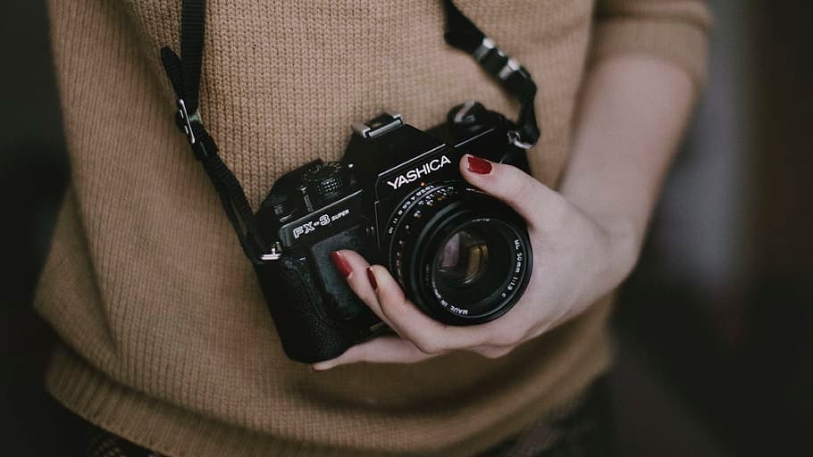 woman, girl, hands, nails, nailpolish, yashica, camera, lens, strap, sweater