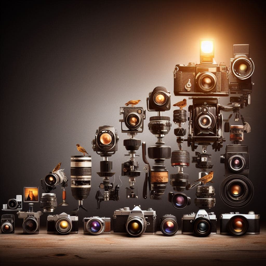 evolution of photography with the design around cameras, photographer and photography and photo prints