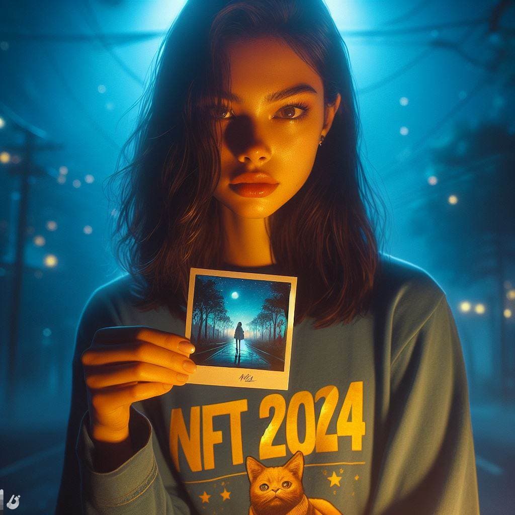 a girl holding a polaroid print with a t-shirt writen "NFT 2024", golden blue hour. very realistic