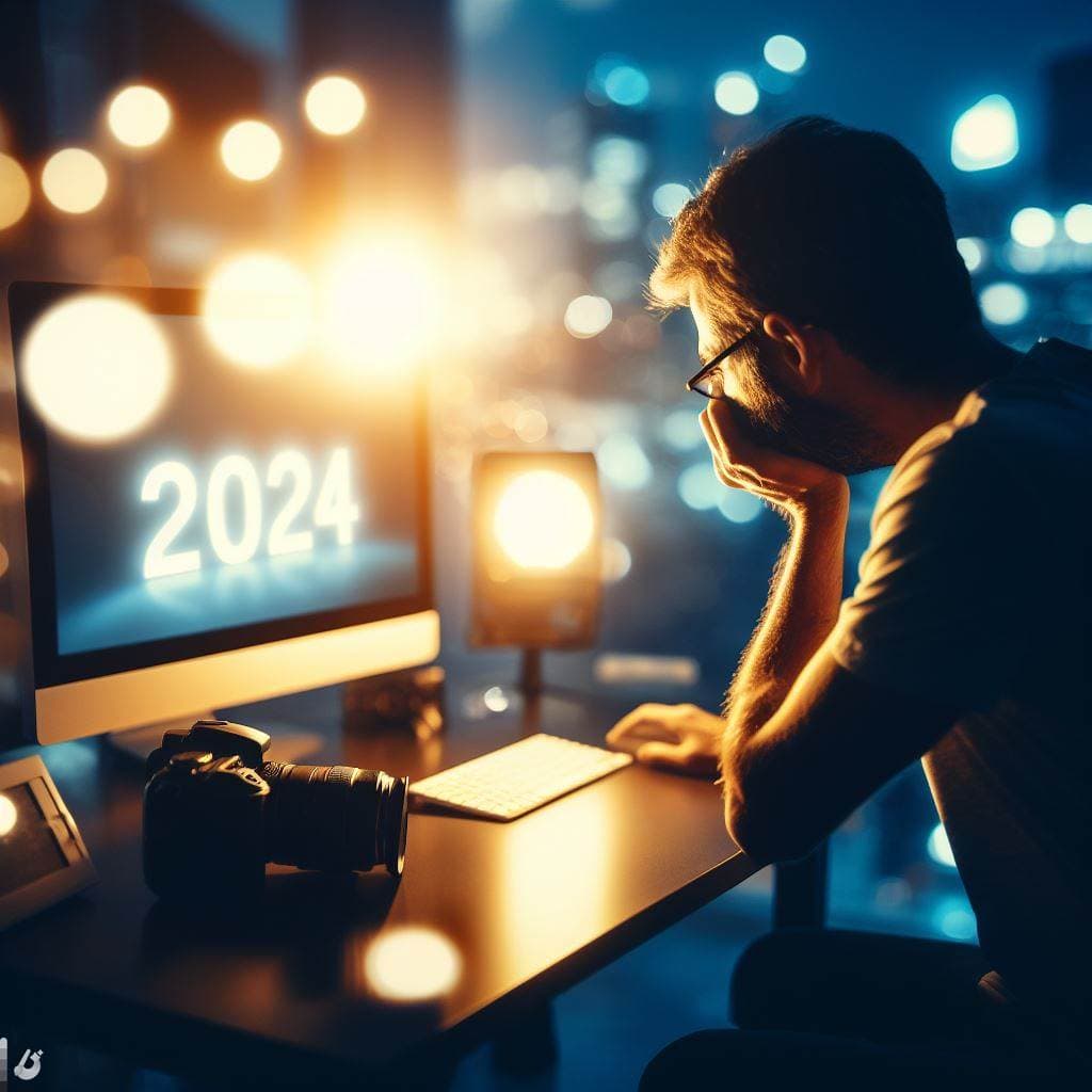 a photographer working on his computer for 2024. hopeful. golden blue hour, bokeh lights. 2024 writen in the computer