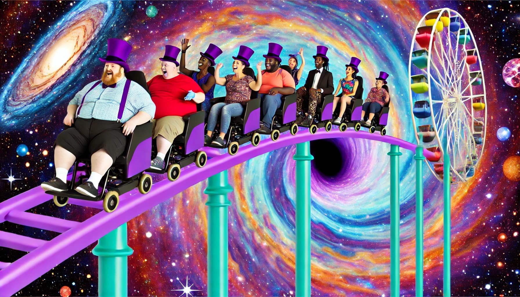A cosmic rollercoaster scene where a diverse mix of people, including those who are fat, disabled, and have unique features, are all wearing purple top hats. They are riding the rollercoaster which is entering a swirling void in a psychedelic space. The rollercoaster track is colorful and winding through the cosmos, with stars and galaxies around. The characters' expressions are excited and amazed, fitting the adventurous and surreal atmosphere.