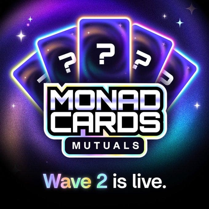 Five stylized cards with question marks on a purple and blue background. A logo reading "MONAD CARDS MUTUALS" in bold white text with a purple outline. Text at the bottom reading "Wave 2 is live" in colorful letters.