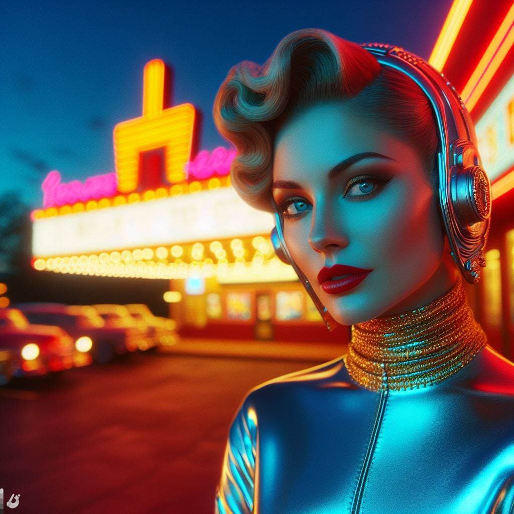 a portrait of a woman from the 1950´s scifi style. vintage modern. in front of a drive in with neon, bokeh lights. golden blue hour