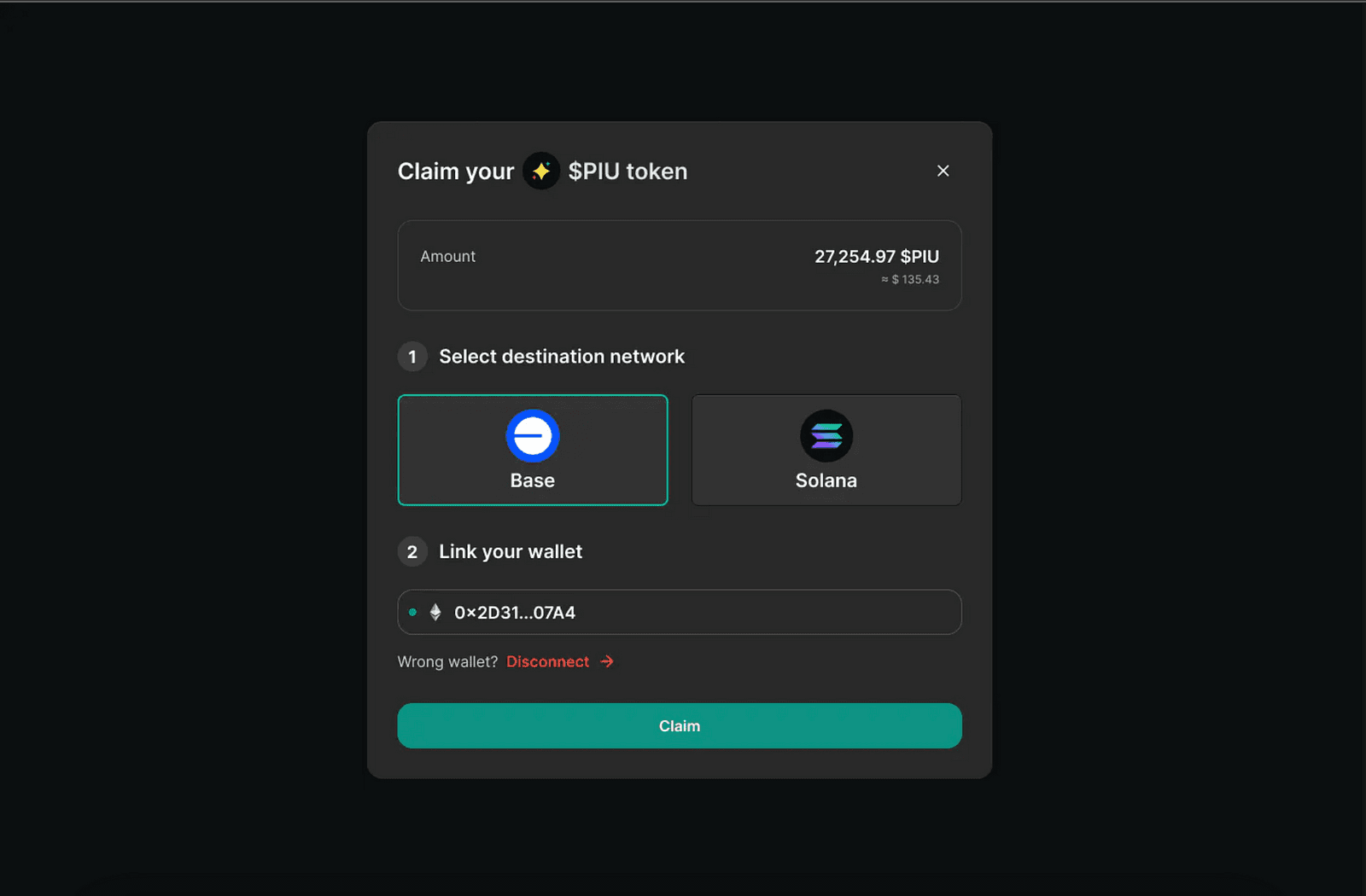 Сначала вы можете заявить и торговать $PIU на Base, и как только NTT станет доступен, вы сможете делать то же самое на Solana, а также осуществлять перенос между двумя сетями.