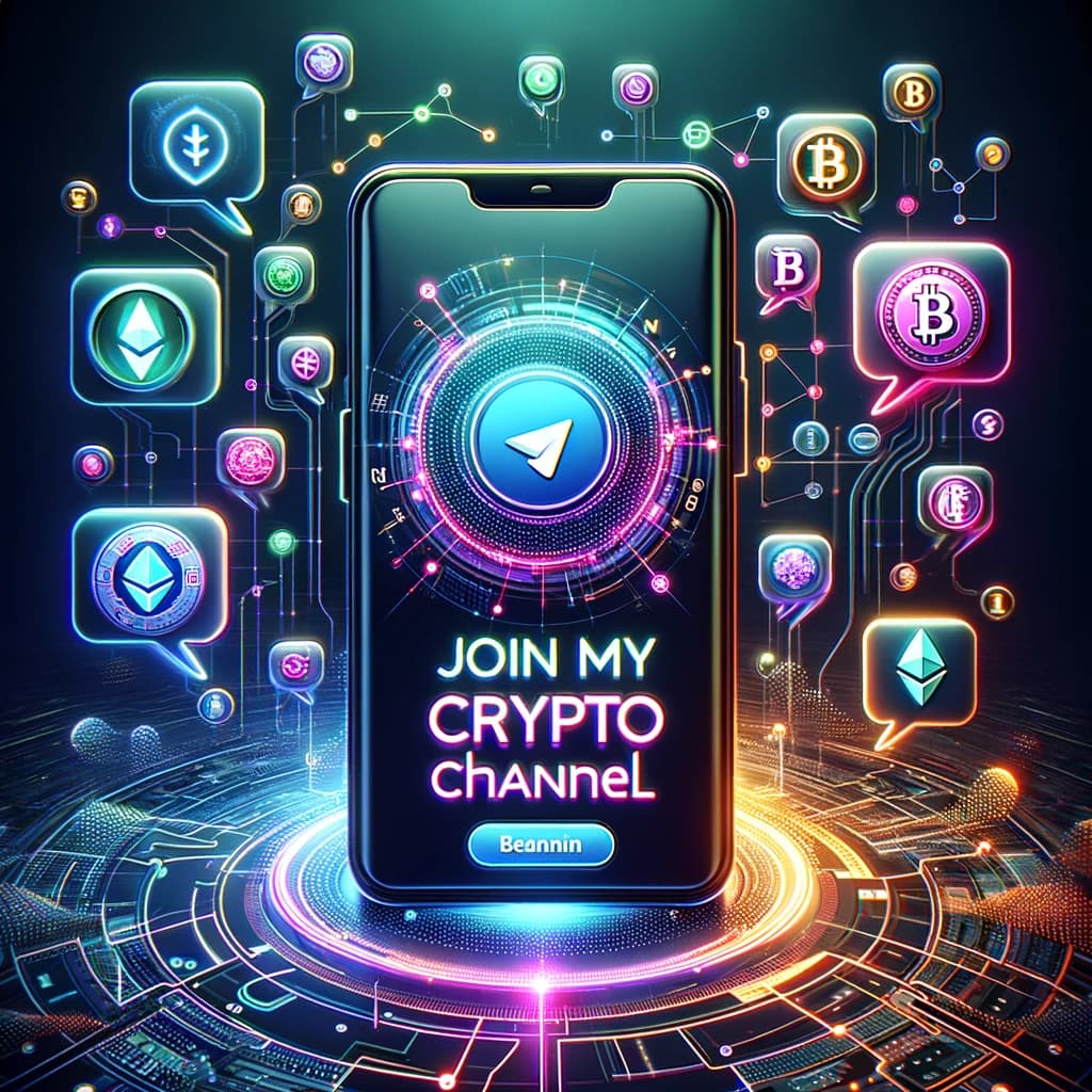 Create a captivating and modern image designed to promote a 'Join My Crypto Telegram Channel'. The focus is on a sleek, futuristic smartphone displaying a vibrant and welcoming Telegram app interface, featuring a stylized crypto theme with chat bubbles containing symbols of popular cryptocurrencies like Bitcoin and Ethereum. Above the phone, digital text in a stylish font reads 'Join My Crypto Channel' glowing with a neon effect. The background is a complex digital network, symbolizing connectivity and the flow of information, with subtle crypto elements woven throughout. The color palette should be both inviting and indicative of the advanced, secure communication that Telegram offers to crypto enthusiasts.