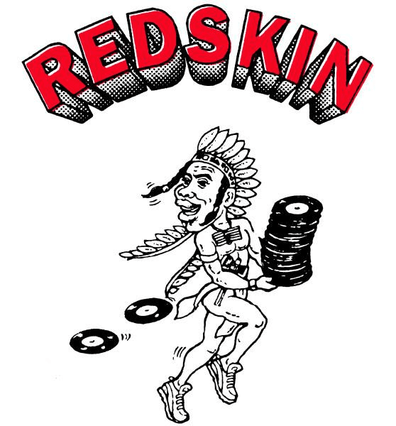 Sign for Redskin Records with a caricature of a Native American person with a feathered headdress, long braids, and tennis shoes carrying a stack of vinyl records.