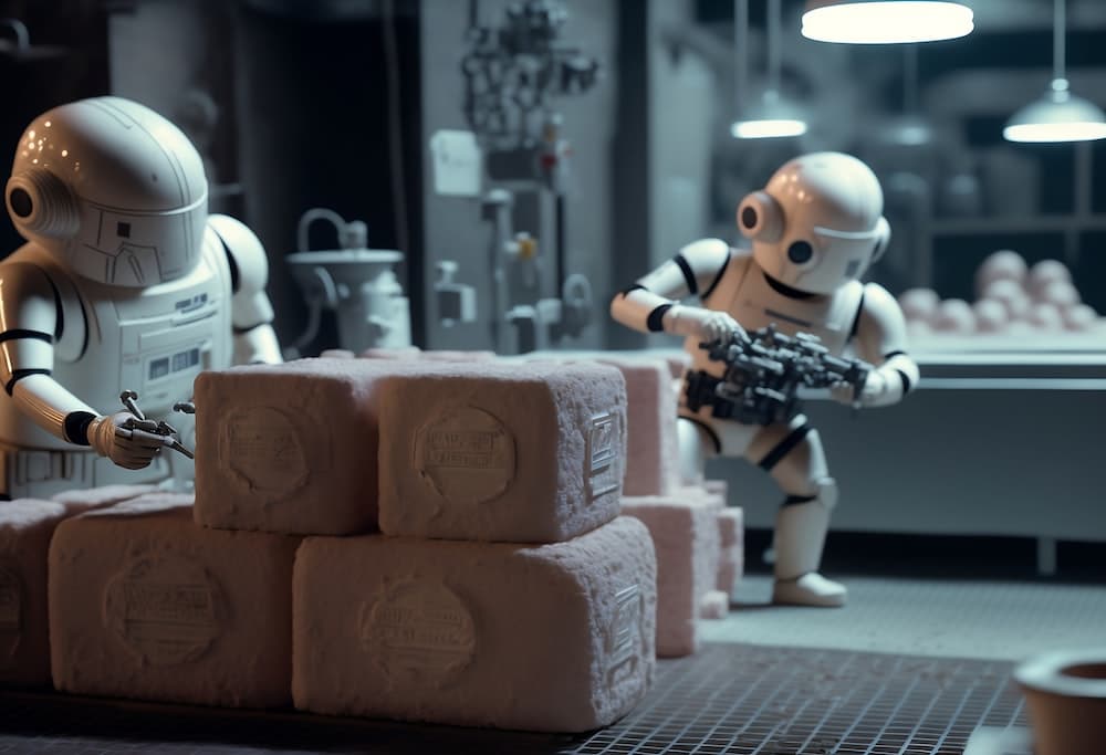 um robô segurando uma arma ao lado de uma pilha de rolos de papel higiênico