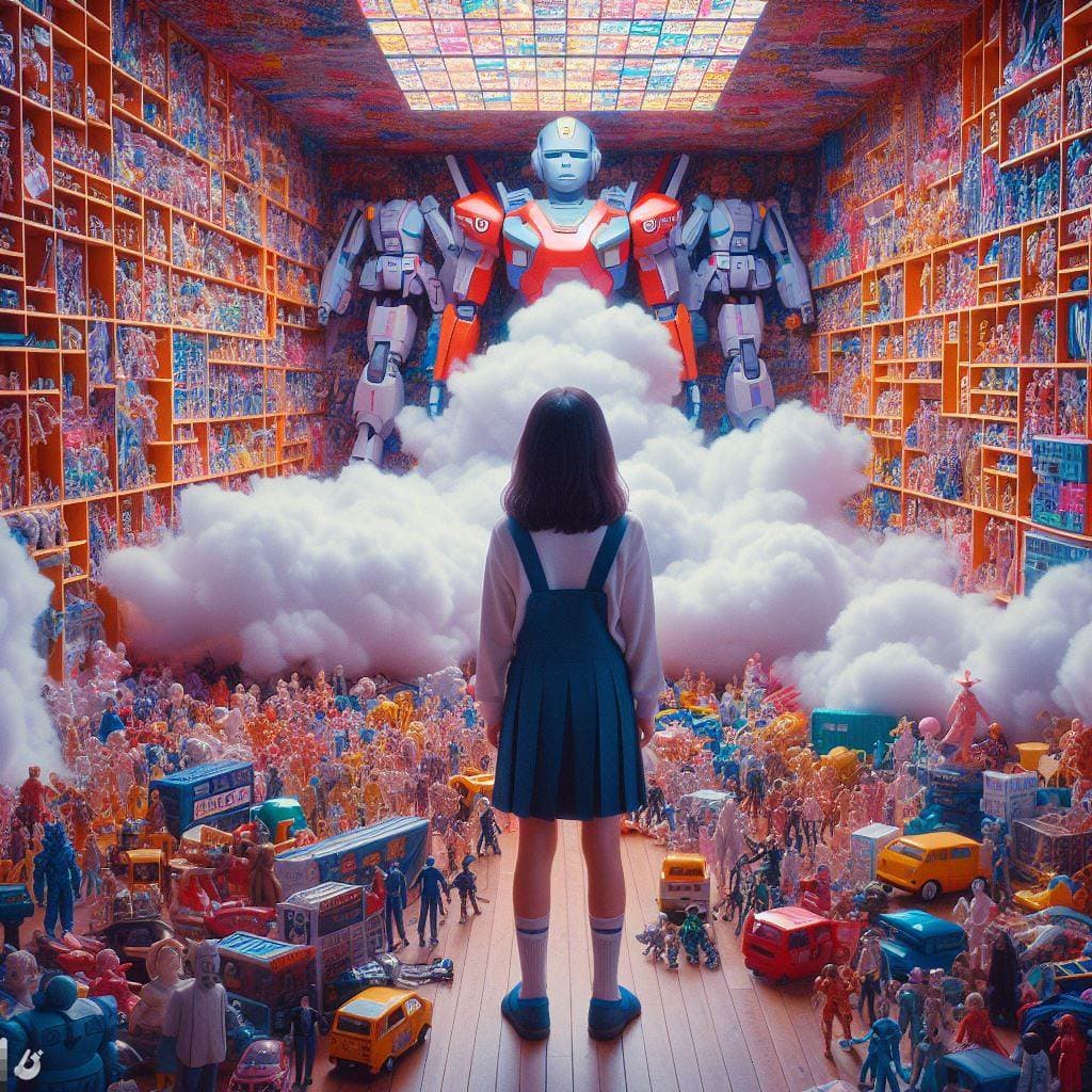 a kid in a huge room full of japanese toys akira style. very realistic. clouds inside. Fujifilm look. Colorful 