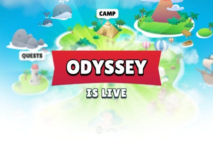 A colorful digital illustration of a tropical island scene with green hills, a pyramid, palm trees, a sailing ship, hot air balloons, and whales in the sky. Red text reads "ODYSSEY IS LIVE" on a banner. Additional text labels areas as "CAMP" and "QUESTS" on the islands.