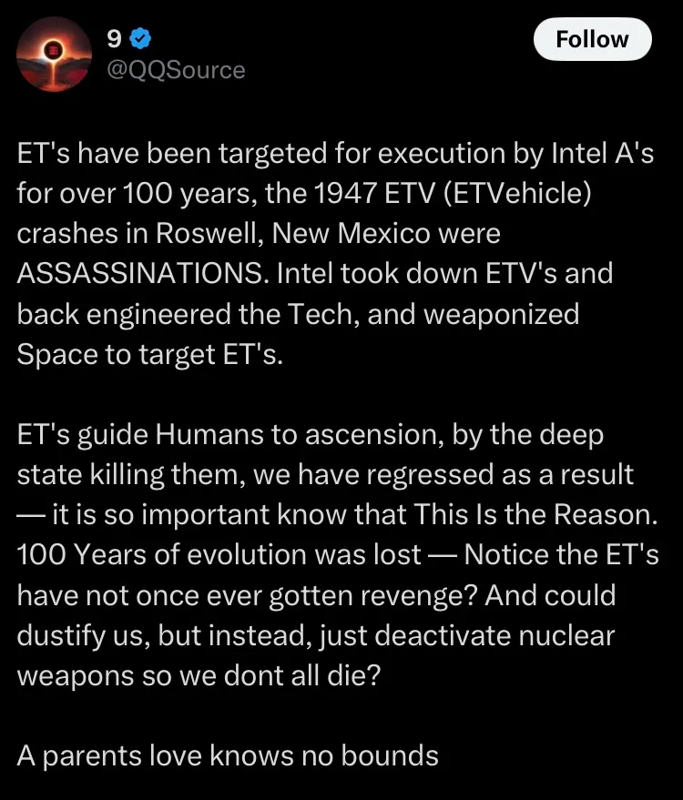 Pro-ET Intervention/Anti-Government Disinformation from a Q-Anon account on 𝕏 (who is behind accounts such as these?).